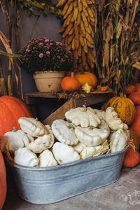 Big pumpkins and pattypan squash for outdoor decoration
