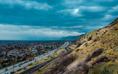 Aerial view of city against sky