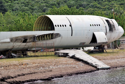 Abandoned train on field