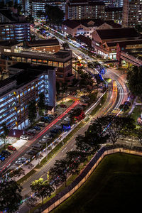High angle view of illuminated cityscape