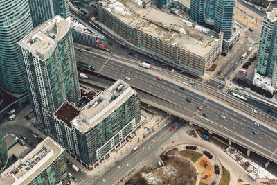 High angle view of city street and buildings