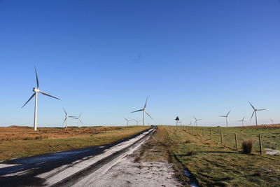 Windmills on field against clear blue sky