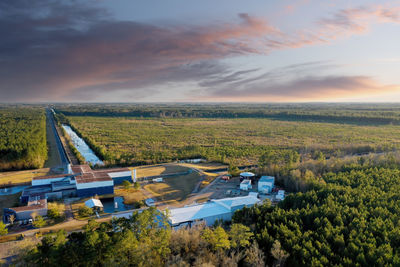 High angle view of townscape against sky during sunset