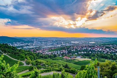 High angle view of townscape against sky during sunset