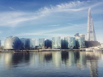 City at waterfront against sky