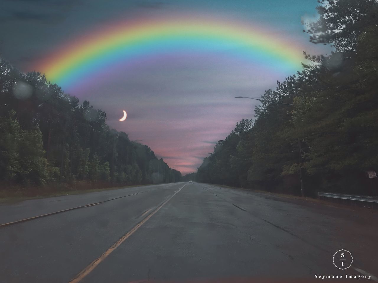 transportation, road, rainbow, sky, no people, nature, the way forward, direction, tree, symbol, beauty in nature, multi colored, plant, cloud - sky, sign, diminishing perspective, vanishing point, scenics - nature, outdoors, double rainbow