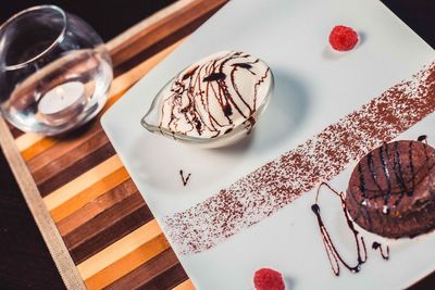 High angle view of chocolate cake on table