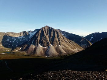 Scenic view of snowcapped mountains against clear sky