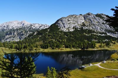 Scenic view of lake by mountains against clear blue sky