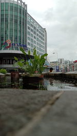 Surface level of canal by buildings against sky in city