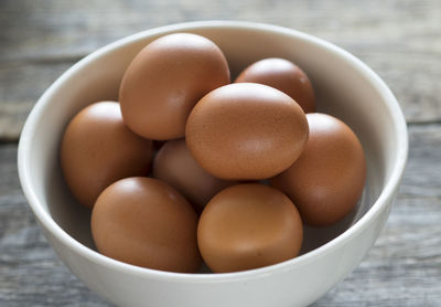 Close-up of eggs in bowl on wooden table