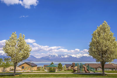 Scenic view of trees and houses against sky