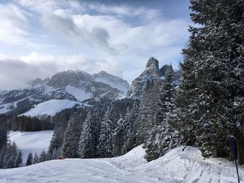 Scenic view of snowcapped mountains against sky