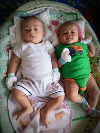 High angle portrait of cute baby siblings