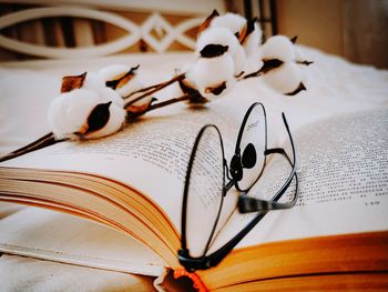 High angle view of book on table