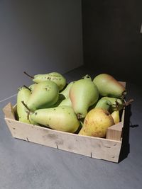 High angle view of pears in crate