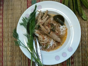 High angle view of soup in bowl on table