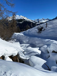 Snow covered mountains against clear sky