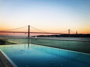 View of suspension bridge in city at sunset