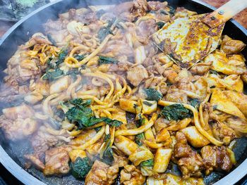 High angle view of food in cooking pan