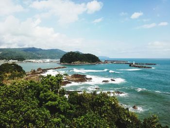 Scenic view of bay against sky