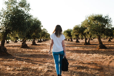 Rear view of woman walking at olive orchard