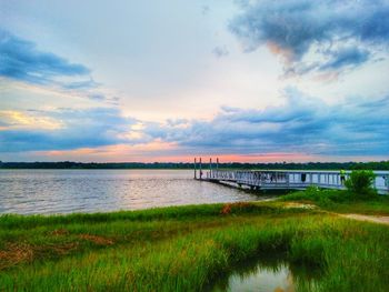 Scenic view of river against cloudy sky