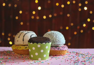 Close-up of cupcakes on table