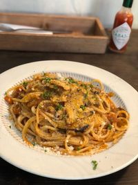 High angle view of noodles served in plate