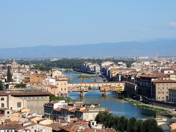 High angle view of river amidst buildings against sky