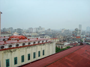 Buildings in city against clear sky