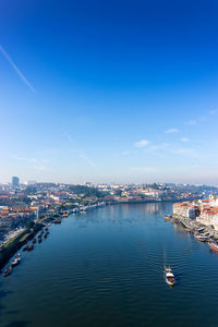 High angle view of boat sailing in river against blue sky