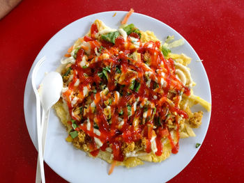 High angle view of food served in plate