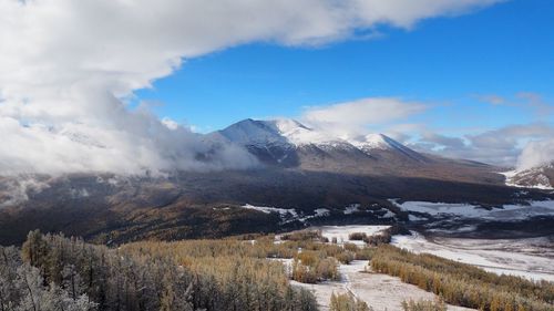 Scenic view of mountains at xinjiang kanas national geopark against cloudy sky