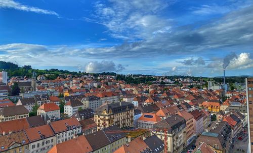 High angle view of townscape against sky