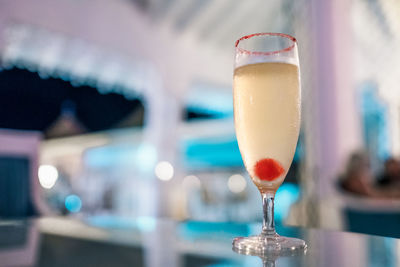 Close-up of beer glass on table in restaurant