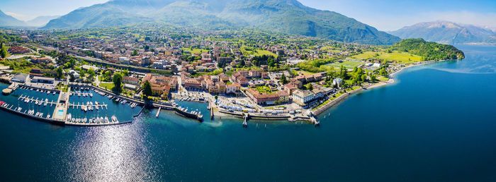 High angle view of town by sea