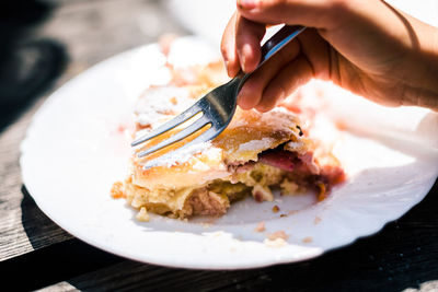 Close-up of hand having dessert in plate