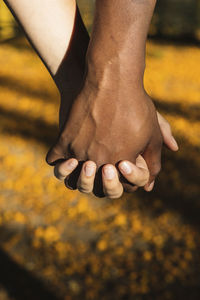 Multi-ethnic couple holding hands at park