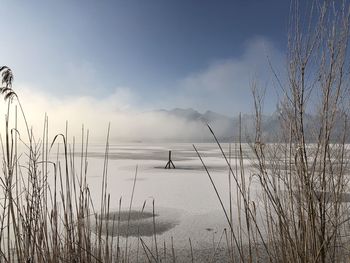 Scenic view of lake against sky during winter