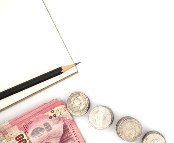 Close-up of coins on white background