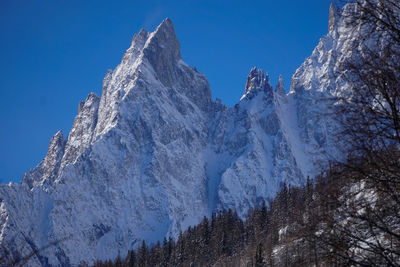 Scenic view of snowcapped mountains against clear blue sky