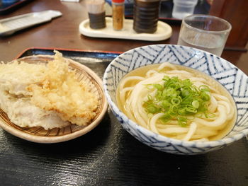 High angle view of food in plate on table