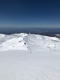 Scenic view of snow mountains against clear blue sky