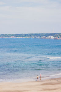 Rear view of people standing on shore