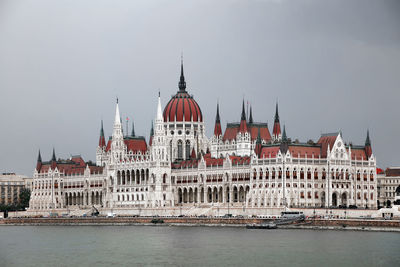 Hungarian parliament building by river in city