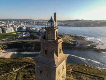 High angle view of city buildings against sky