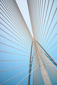 Low angle view of suspension bridge against sky