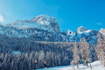 Aerial view of snow covered mountain against blue sky