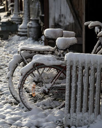 Close-up of bicycle wheel during winter